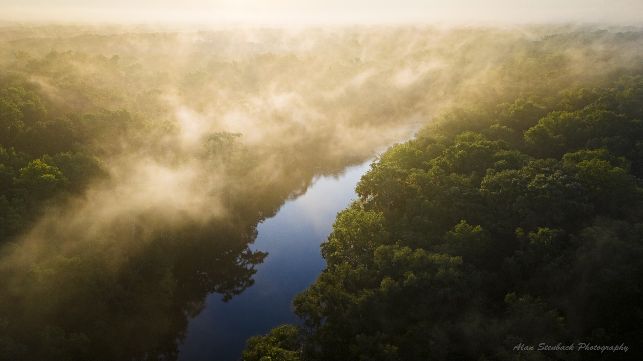 Sunlit river winding through a misty forest landscape at dawn.