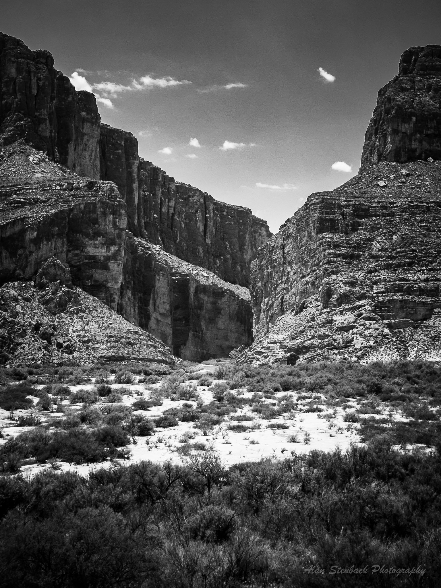 Dramatic black and white landscape of a canyon in Big Bend National Park, showcasing towering rock formations under a partially cloudy sky.
